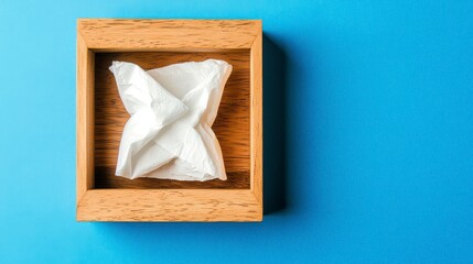 Minimalist Cork Tissue Box Cover With White Tissues on Blue Surface Top View