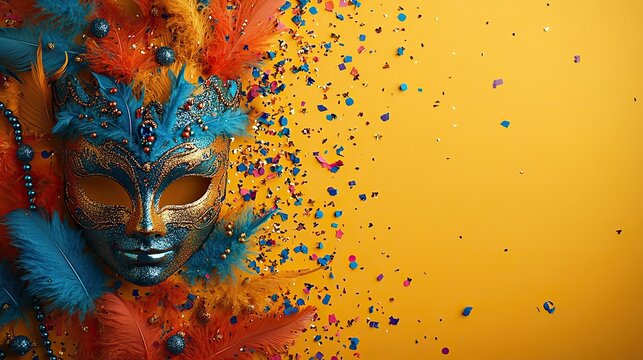 Sweet celebration extravaganza Top view of delightful treats, lavish carnival mask, beaded necklaces, feathers, confetti against yellow background with circle for advert. Dive into Mardi Gras spirit! - Powered by Adobe