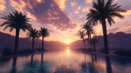 Tropical Sunset Pool Paradise, tranquil evening scene, vacation destination