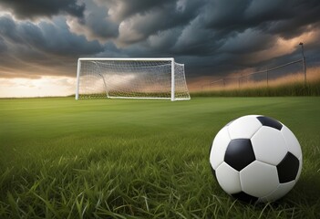 A soccer ball on a grassy field with a soccer goal in the background and a dramatic cloudy sky