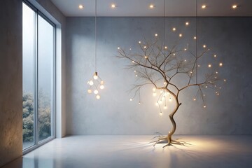 Serene Minimalist Interior Design Featuring a Branching Light Fixture Resembling a Tree and a Modern Pendant Light