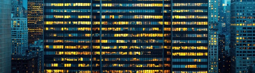 Urban night view of illuminated office buildings in city skyline