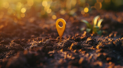A small field with a location pin placed in the dirt with smooth lighting and natural light.