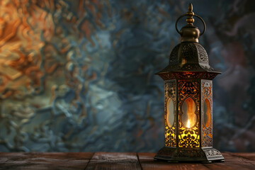 Obraz premium Intricately designed lantern casting warm light on a textured background, creating a cozy ambiance