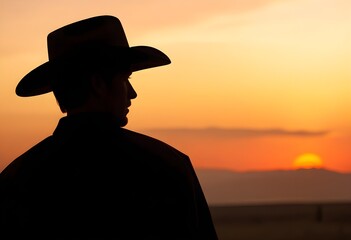 A silhouette of a man wearing a cowboy hat against a vibrant sunset sky