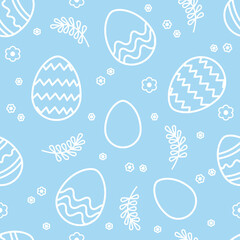 Colorful easter eggs, flowers and leaves seamless pattern vector on blue background for easter holidays flat vector illustration. Doodle vector easter egg.