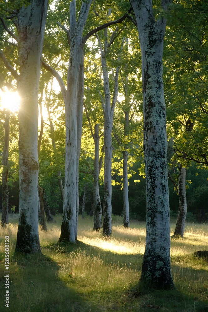 Poster Serene Forest with Sunlight Filtering Through Tall Tree Trunks in a Lush Green Woodland Setting : Generative AI