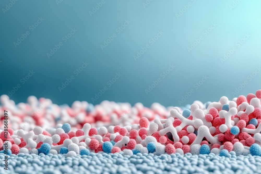 Poster abstract 3d render of pastel pink blue white spheres and clusters forming a unique textured backgrou
