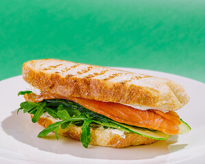 Delicious salmon sandwich with arugula and cucumber on toasted bread