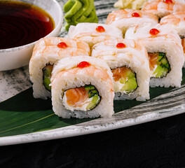 Fresh sushi platter with soy sauce
