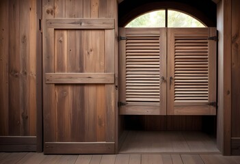 An old wooden door with a louvered window, set against a wooden wall in a rustic interior