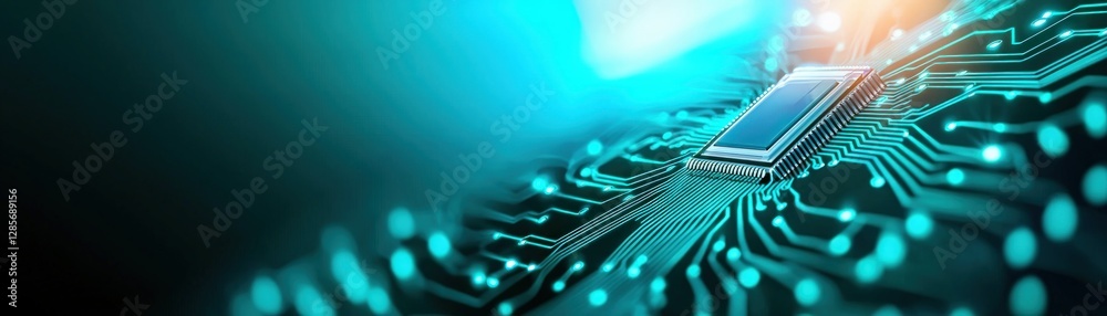 Poster Modern Microchip on Circuit Board with Neon Glow and Technology