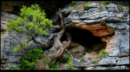 Twisted tree in cliff cave, serene nature