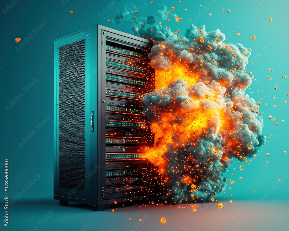 Poster Server Room Explosion Digital Rendering Fiery Data Center Catastrophe System Failure Illustration