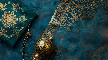 Elegant teal fabric with intricate gold patterns, showcasing traditional design elements and textures
