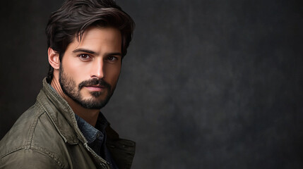 Fototapeta premium Young beautiful focused european businessman. Front view of bearded man with dark hair clothing casual jacket. Isolated on dark gray background. Studio shoot