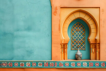 Colorful Moroccan architectural detail featuring an ornate window and decorative pottery