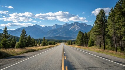Empty stretch of asphalt road running parallel to a mountain range with a clear blue sky above and pine trees in the foreground, road to nowhere, asphalt road, scenic beauty