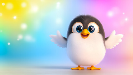 Naklejka premium Cute cheerful funny bird with big blue eyes on colorful background. Adorable happy nestling smiling. Illustration with copy space.