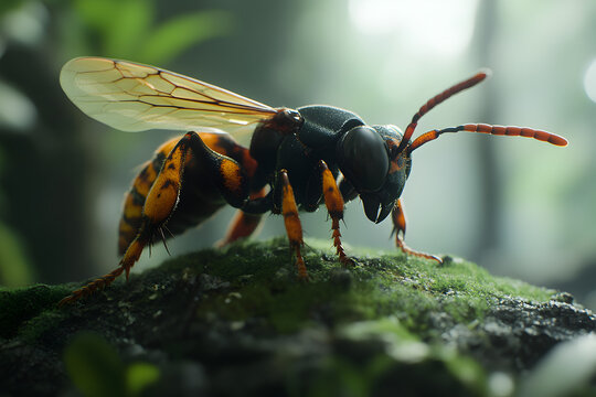 Asian giant hornet, Vespa mandarinia sitting on a tree