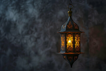 Ornate lantern hanging against a softly blurred background, casting warm light and creating ambiance