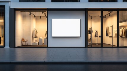 Blank storefront billboard, city night, clothing display, advertising mockup