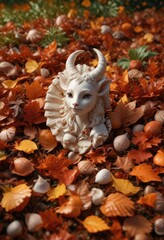 Faun resting on a bed of leaves with a sea shell, nature, stems
