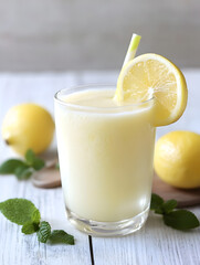 Refreshing Glass of Lemon Smoothie with Fresh Citrus and Mint on Rustic Table : Generative AI