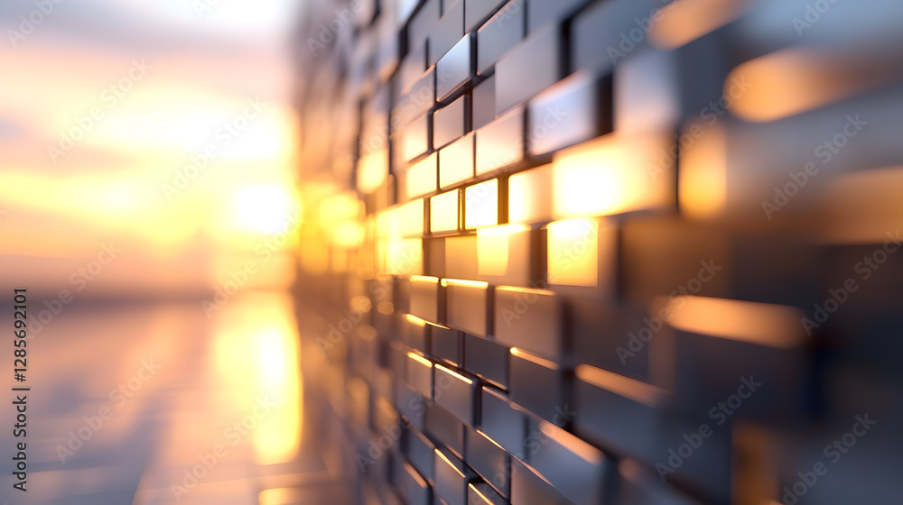 Poster abstract modern wall of metallic blocks reflecting golden sunset light : generative ai