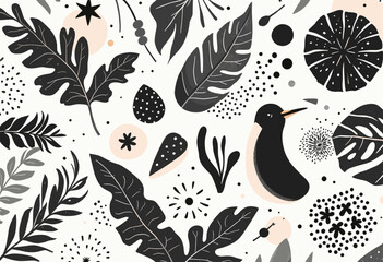 a variety of black and white illustrations, including leaves, flowers, and a bird, arranged in a visually appealing and intricate manner.