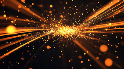 Black background, orange light beams, and yellow lights with a bokeh effect flying in the center of the composition