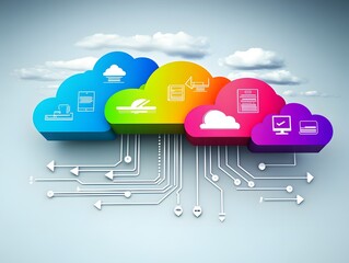 Colorful cloud computing icons representing digital services against a serene sky backdrop