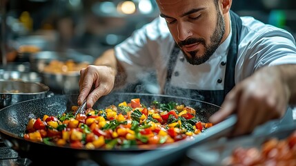 The focused chef expertly sautes fresh vegetables in a modern kitchen.