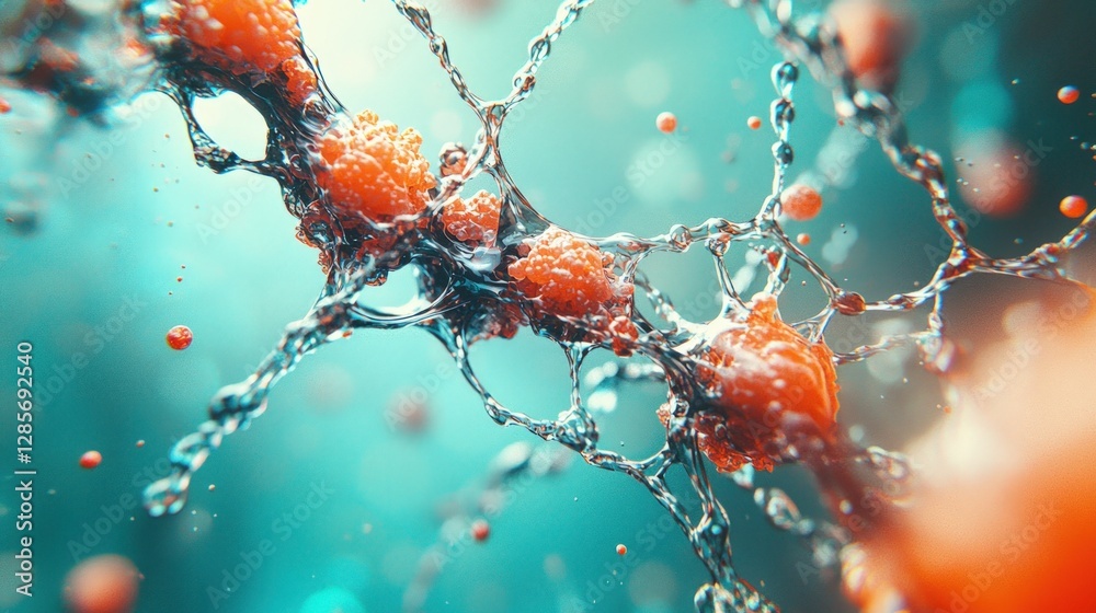 Poster microscopic abstract cellular structure orange globules connected by water streams