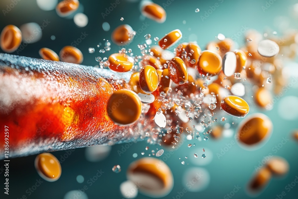 Poster Vibrant Orange Capsules Dissolving in Liquid Dynamic Splash Abstract Background