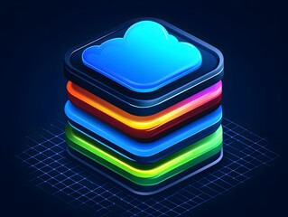 Colorful cloud storage icon stacked with vibrant layers on a dark grid background