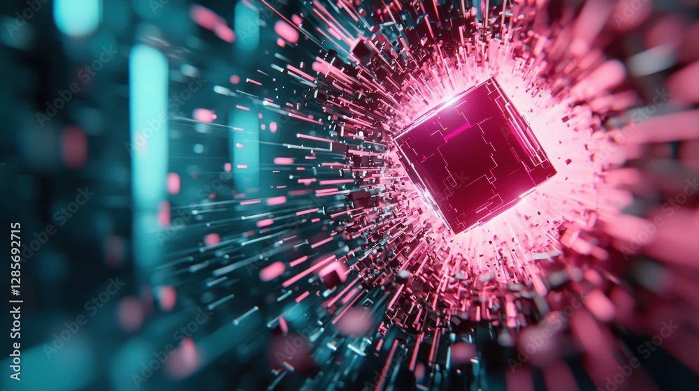 Poster Abstract 3D Render Pink and Teal Cube in Motion Data Stream Technology Background