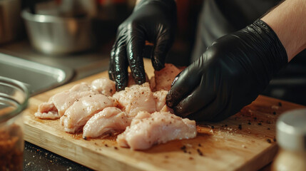 Man hands in black gloves cutting chicken fillet on oak board