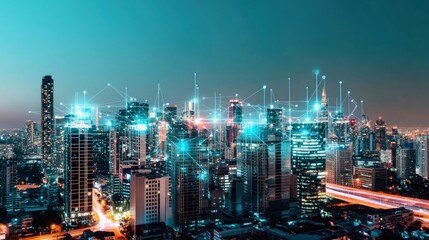 Fototapeta premium Smart City Night View Connected Buildings and Urban Network Infrastructure