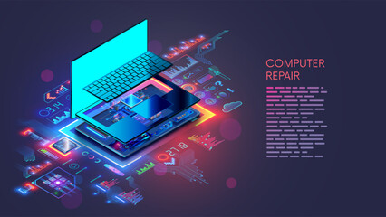 Laptop computer repair. Computer hardware technology. Repair, upgrade, maintenance laptop. Repair service notebook. Isometric concept. Disassembled laptop, motherboard, keyboard. Devices maintenance