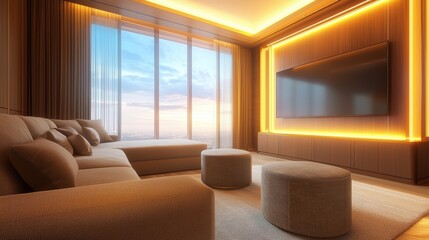 Fototapeta premium Modern living room with city view.