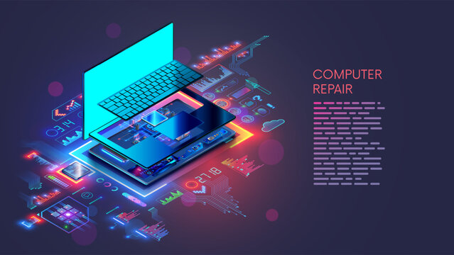 Laptop computer repair. Computer hardware technology. Repair, upgrade, maintenance laptop. Repair service notebook. Isometric concept. Disassembled laptop, motherboard, keyboard. Devices maintenance