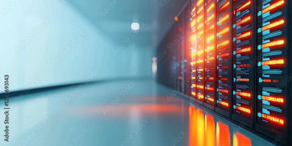Poster High-Tech Data Center with Illuminated Server Racks and Modern Design