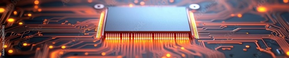 Aufkleber Close-Up View of Circuit Board with Microchip and Illuminated Lines