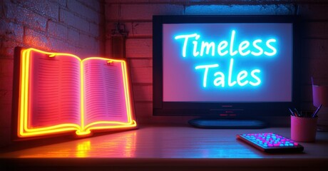 Lights Down Movie Starts neon sign glowing in pink with a large blue neon play button below, mounted on a dark wall, creating a cinematic and immersive atmosphere