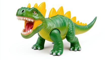 Colorful Toy Dinosaur with Spikes and Open Mouth on White Background