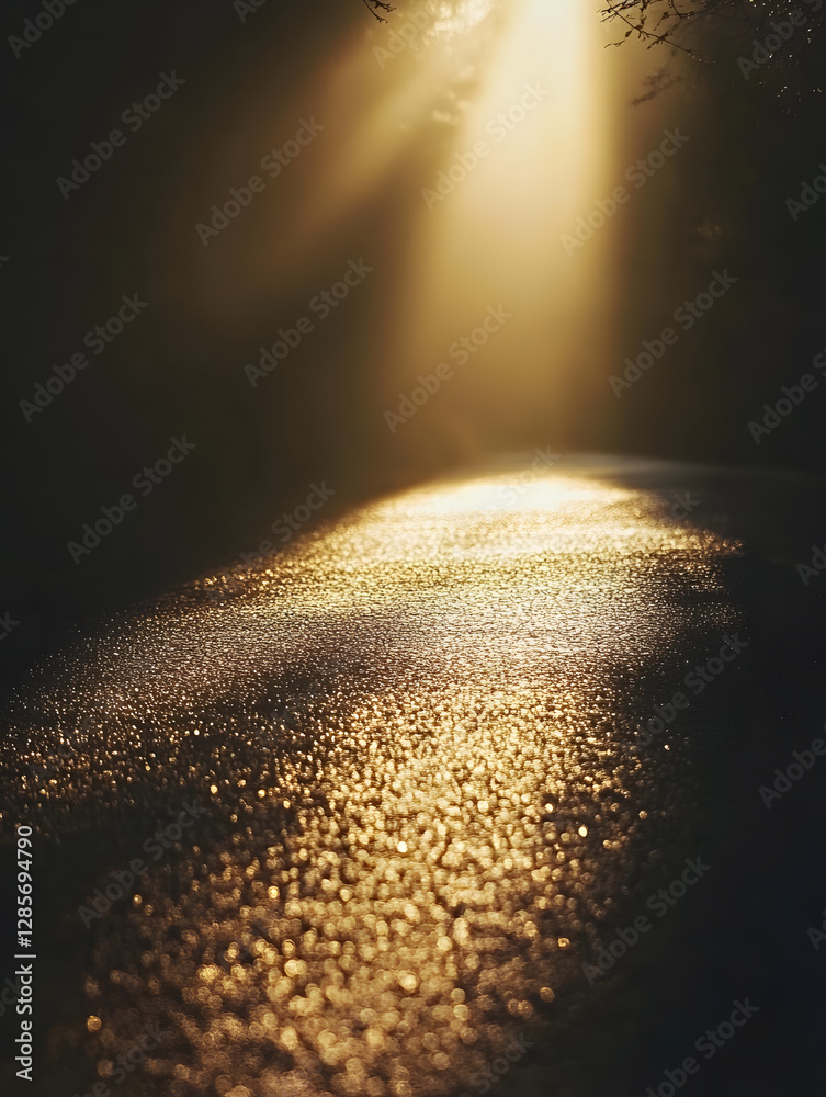 Poster golden sun rays illuminating misty forest pathway at sunrise in tranquil setting : generative ai