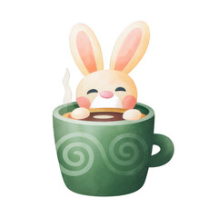 Easter Coffee Lovers, watercolor illustrated A cute bunny peeks out of a steaming green mug, adding a whimsical touch to the scene.