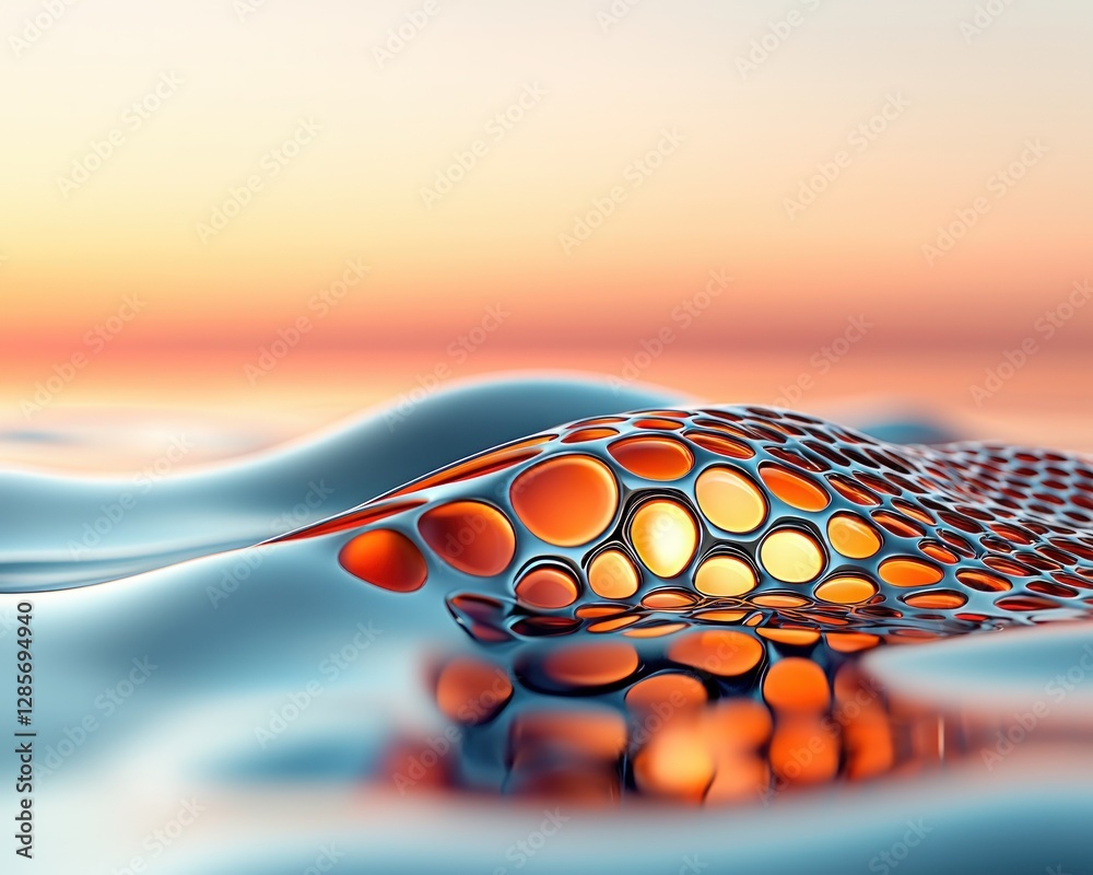 Poster abstract sunset water surface with cellular pattern design digital art illustration
