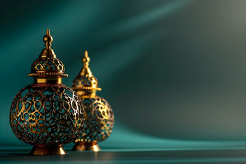 Ornate golden decorative vases on a soft teal background, showcasing intricate designs and elegance